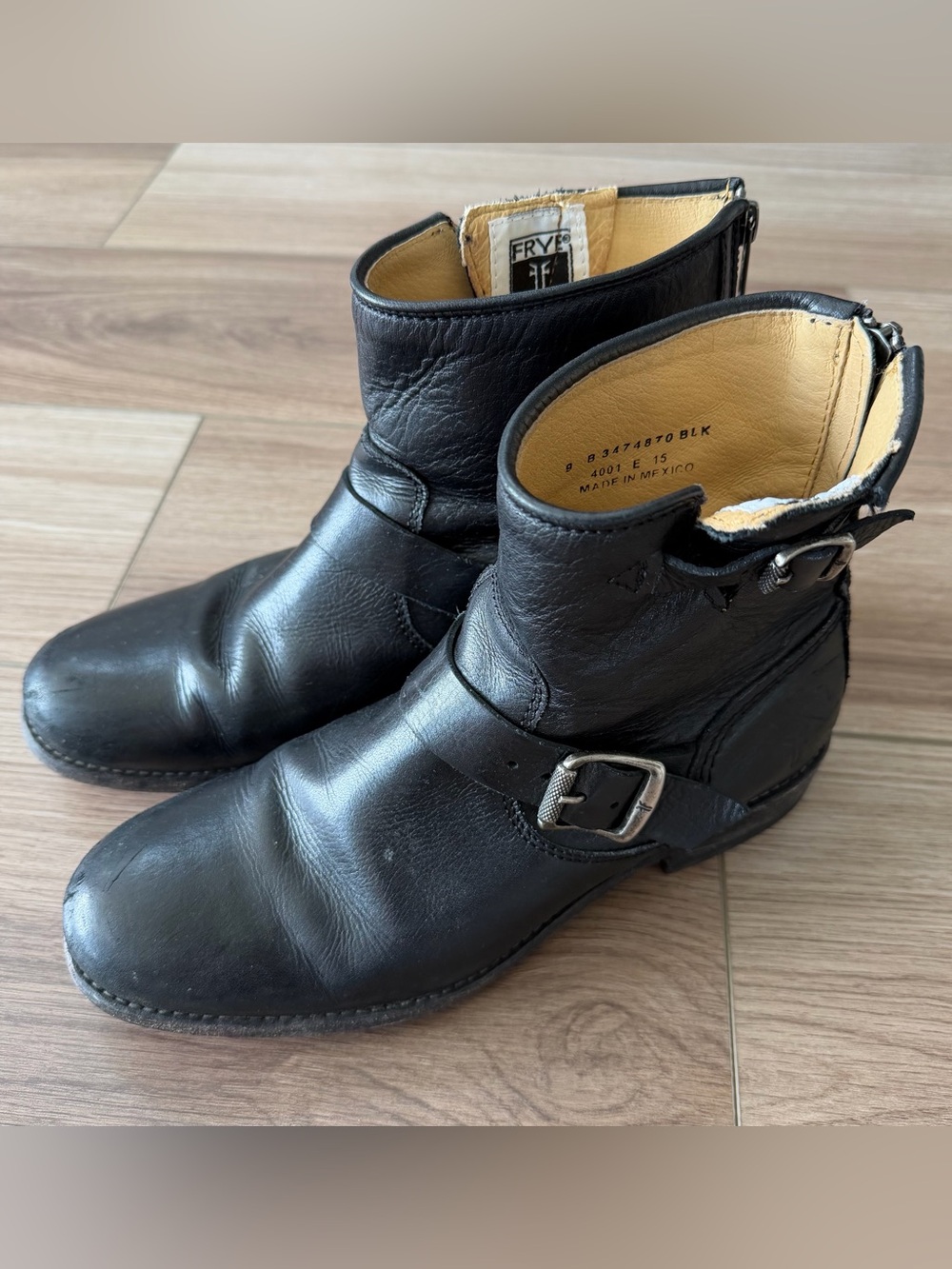 Frye Black Leather Ankle Boots with Silver Buckle Booties